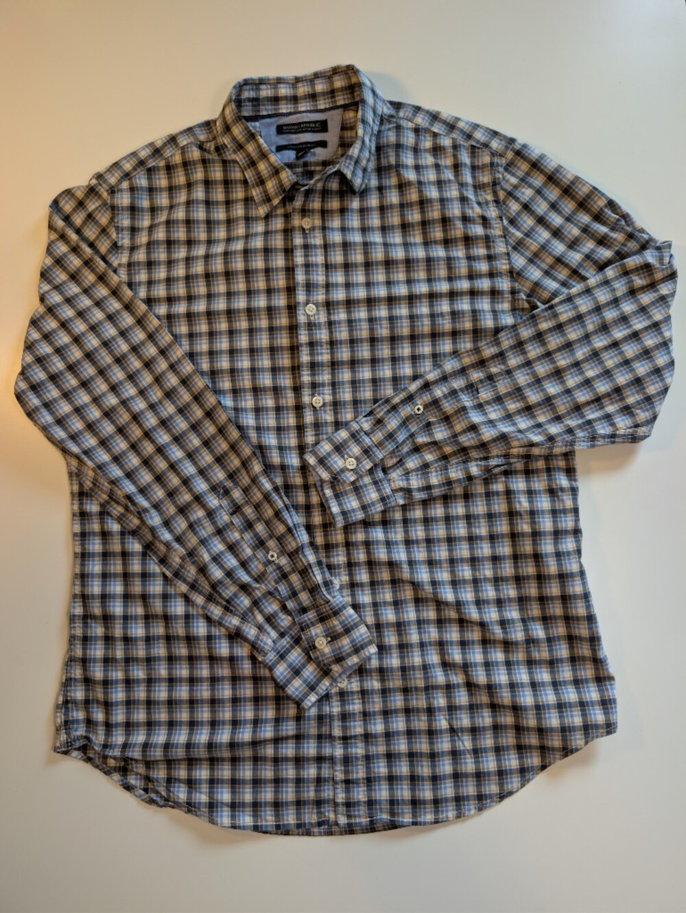 Banana Republic Tailored Slim Fit Plaid Button Down Shirt Large Blue Gold